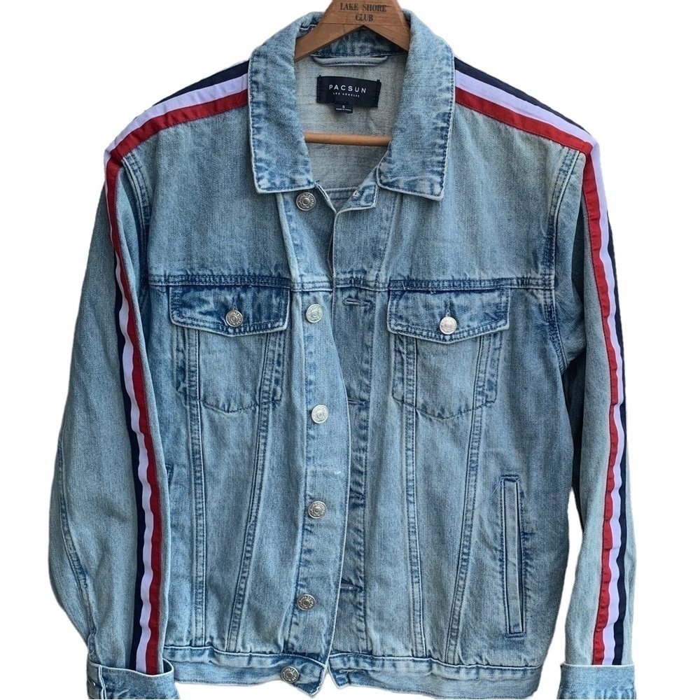 Pacsun Racing Stripe Blue Jean Denim Jacket Small Blokette